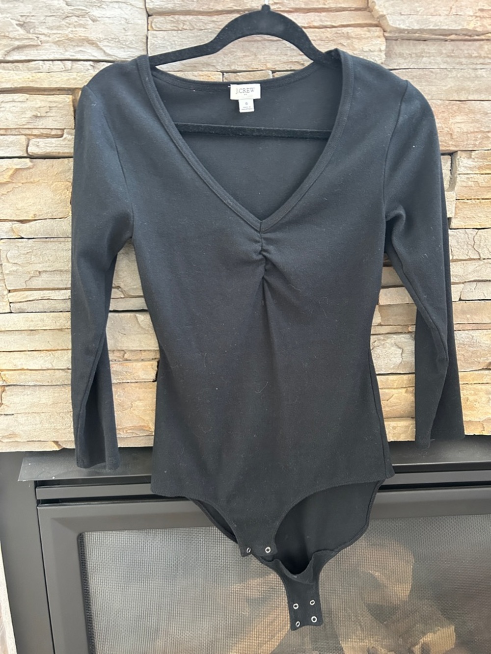 J. Crew Black V-Neck Long-Sleeve Bodysuit with Ruched Front